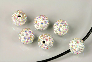 Šatonová kulička 10 mm, 1 ks - bílá + šatony krystal AB (aurora borealis crystal)